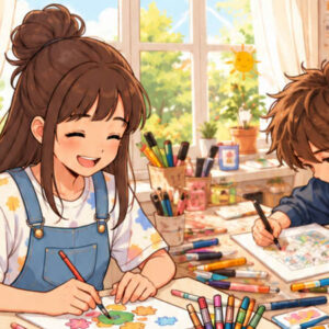 disegno con ragazza e ragazzo che colorano e disegnano
