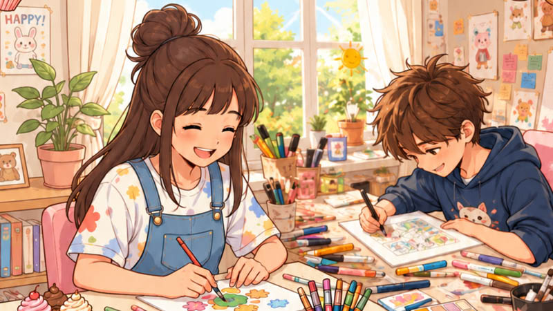 disegno con ragazza e ragazzo che colorano e disegnano