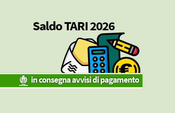 Disegno busta, calcolatricem euro e foglio con matita con scritta saldo TARI 2026