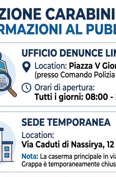 Nuova Caserma dei Carabinieri: al via i lavori interni in via Monte Grappa. Attivi la sede temporanea e il punto denunce in città
