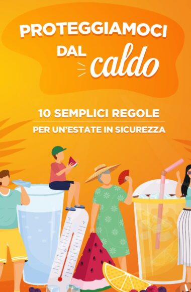 disegno che riporta persone in tenuta estiva e due bicchieri per promuovere le buone pratiche per proteggersi dal caldo