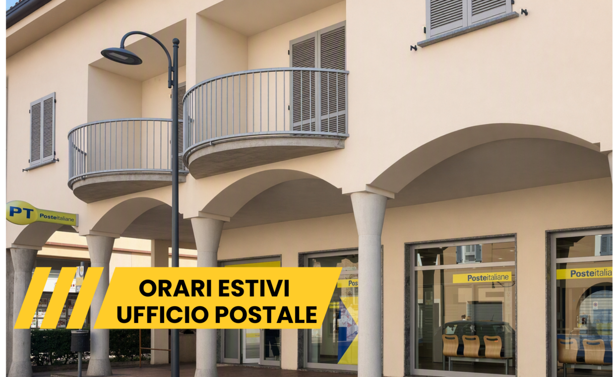 Facciata ufficio postale di Via Garibaldi a Magenta, banner giallo con scritta in nero Orari Estivi ufficio postale