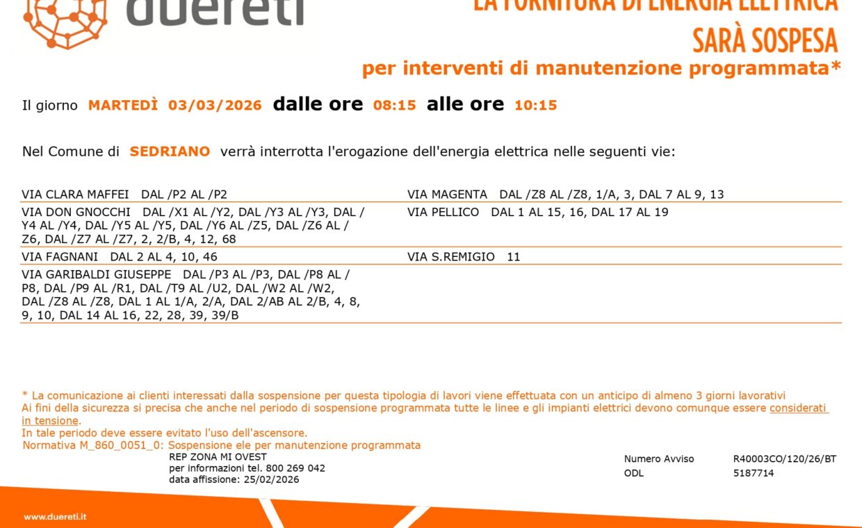 interruzione elettrica martedì 03 marzo 2026 dalle ore 08:15 alle ore 10:15 in alcune vie del paese