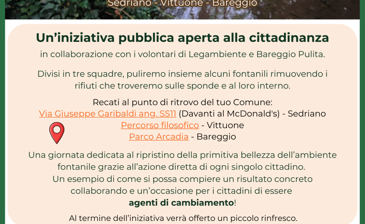 pulizia fontanili di Sedriano, Vittuone e Bareggio il 28 marzo 2026
