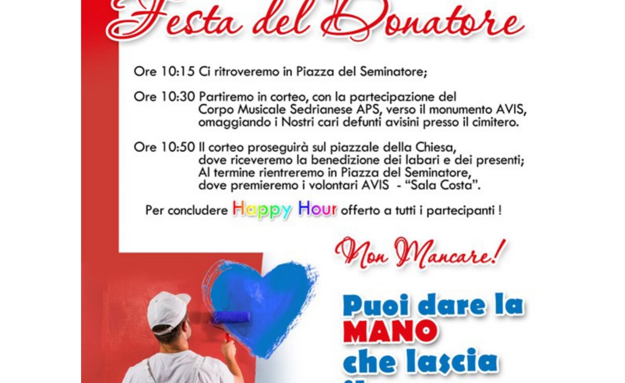 14 giugno 2026 Festa del donatore AVIS con il patrocinio del Comune di Sedriano