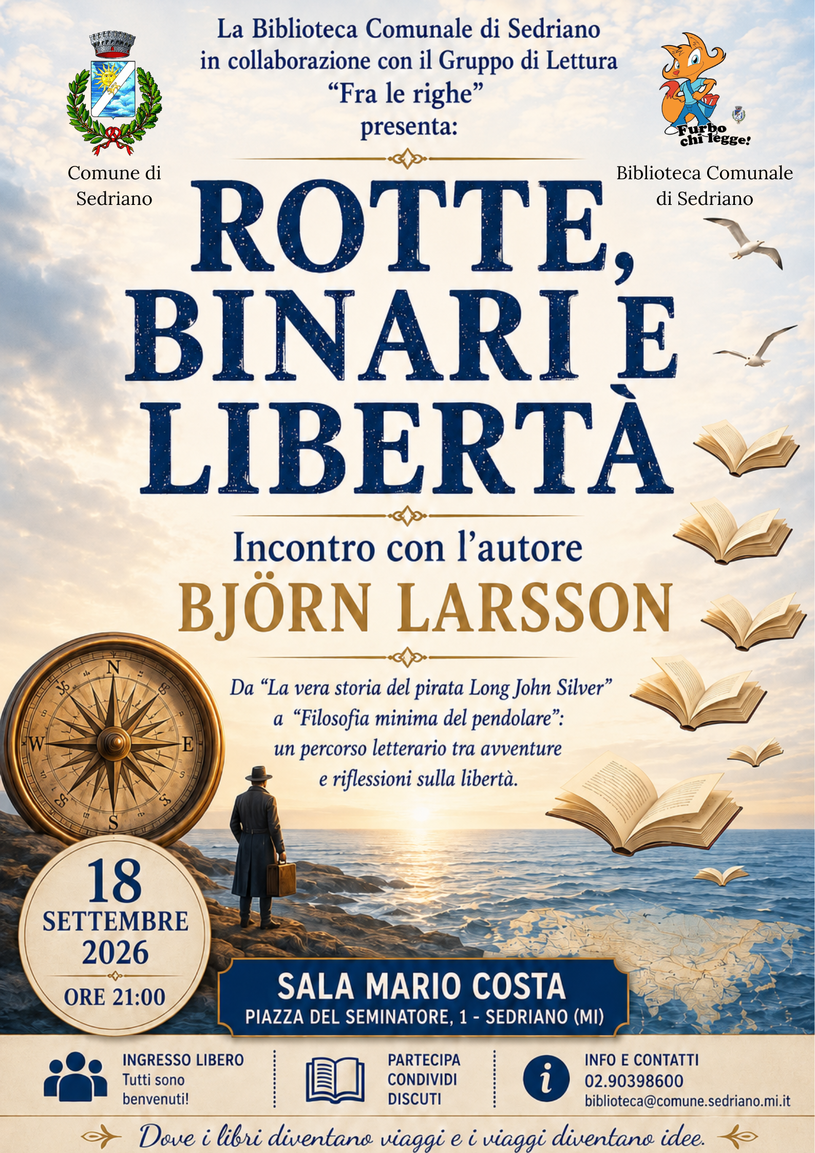 rotte, binari e libertà. incontro con l'autore Bjorn Larsson presso la sala consiliare "M.Costa" il 18 settembre 2026 ore 21,00