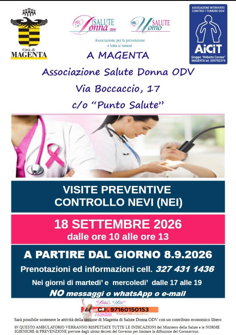 Volantino informativo dell'Associazione Salute Donna ODV di Magenta che promuove visite preventive per il controllo dei nei. L'evento si svolge il 18 settembre 2026 dalle 10:00 alle 13:00 presso il Punto Salute di via Boccaccio 17 a Magenta. Prenotazioni dal 8 settembre 2026 al numero 327 431 1436, nei giorni di martedì e mercoledì dalle 17:00 alle 19:00. Non sono accettati messaggi WhatsApp o e-mail.