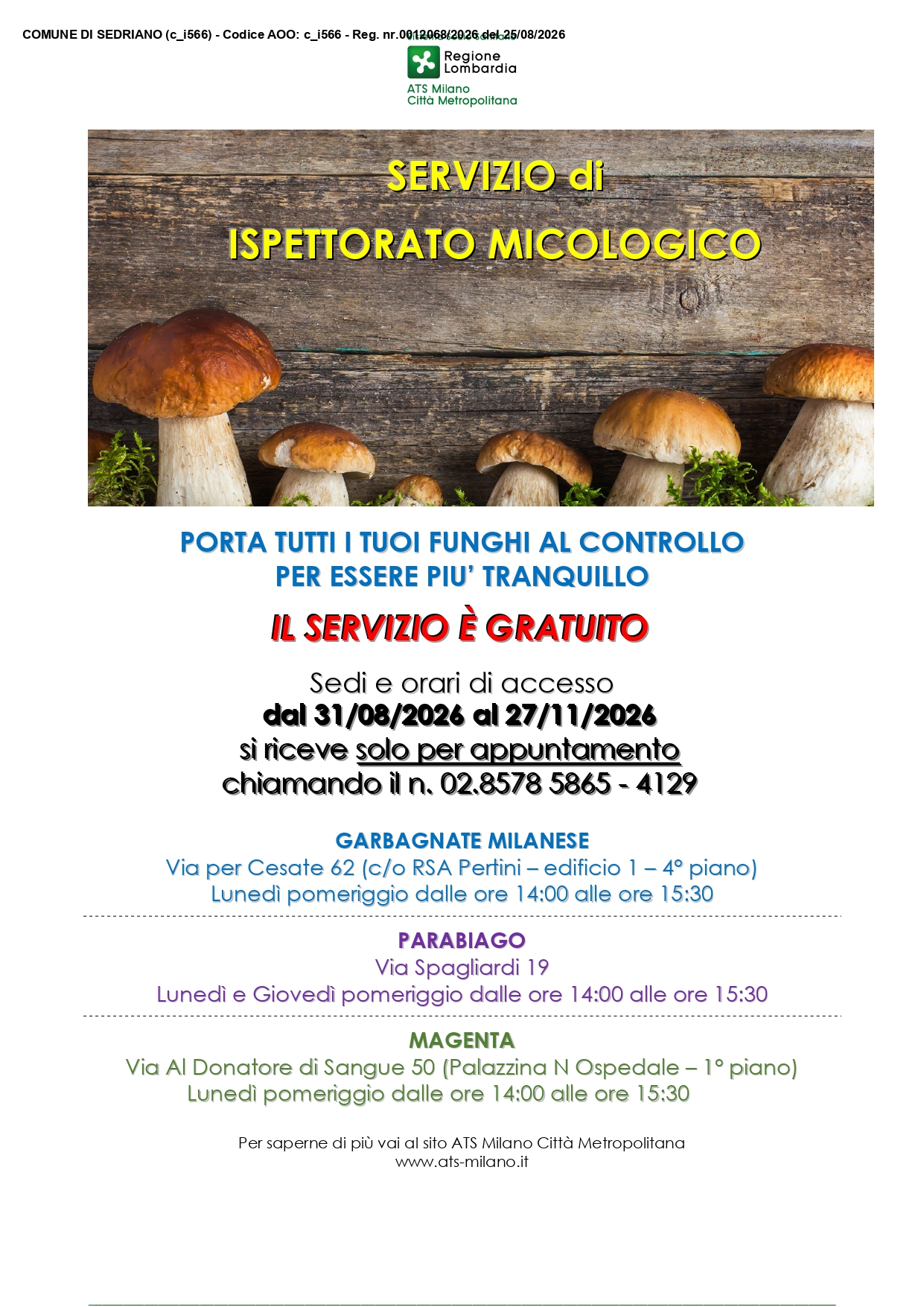 servizio di ispettorato micologico 2026
