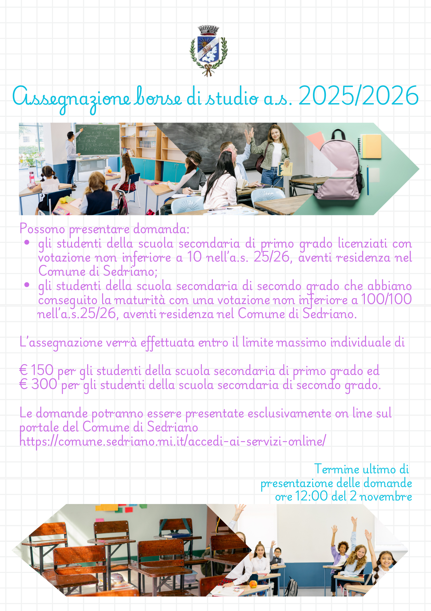 Locandina del Comune di Sedriano per l'assegnazione delle borse di studio 2025/2026, destinata a studenti residenti meritevoli della scuola secondaria di primo e secondo grado, con domande online entro il 2 novembre 2026
