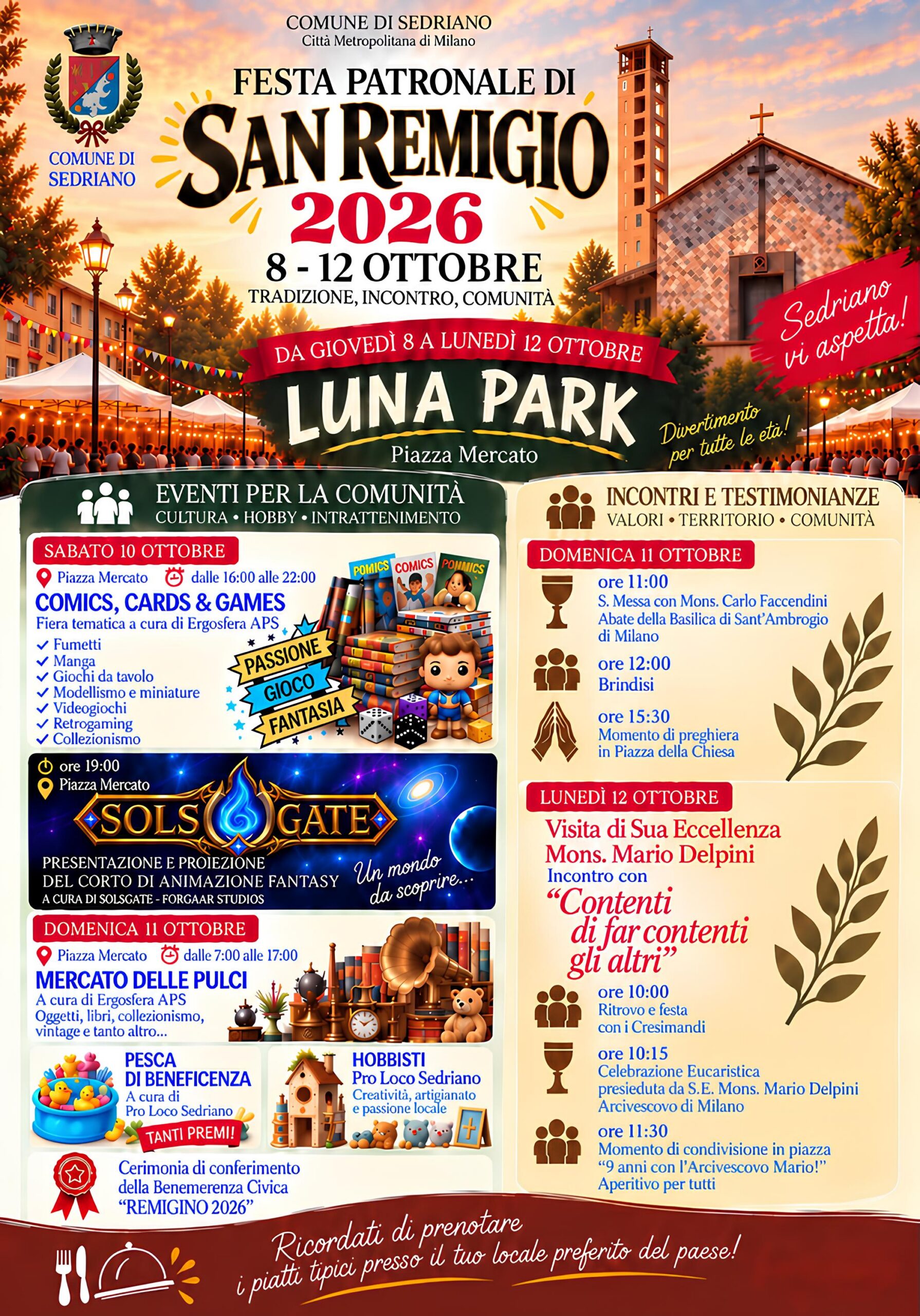 Manifesto della Festa Patronale di San Remigio 2026 del Comune di Sedriano, in programma dall’8 al 12 ottobre, con luna park, eventi per la comunità e celebrazioni religiose