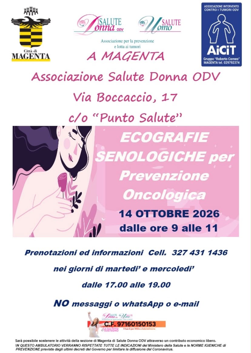 Locandina informativa sulle ecografie senologiche per la prevenzione oncologica a Magenta, in programma il 14 ottobre 2026 presso l'Associazione Salute Donna ODV