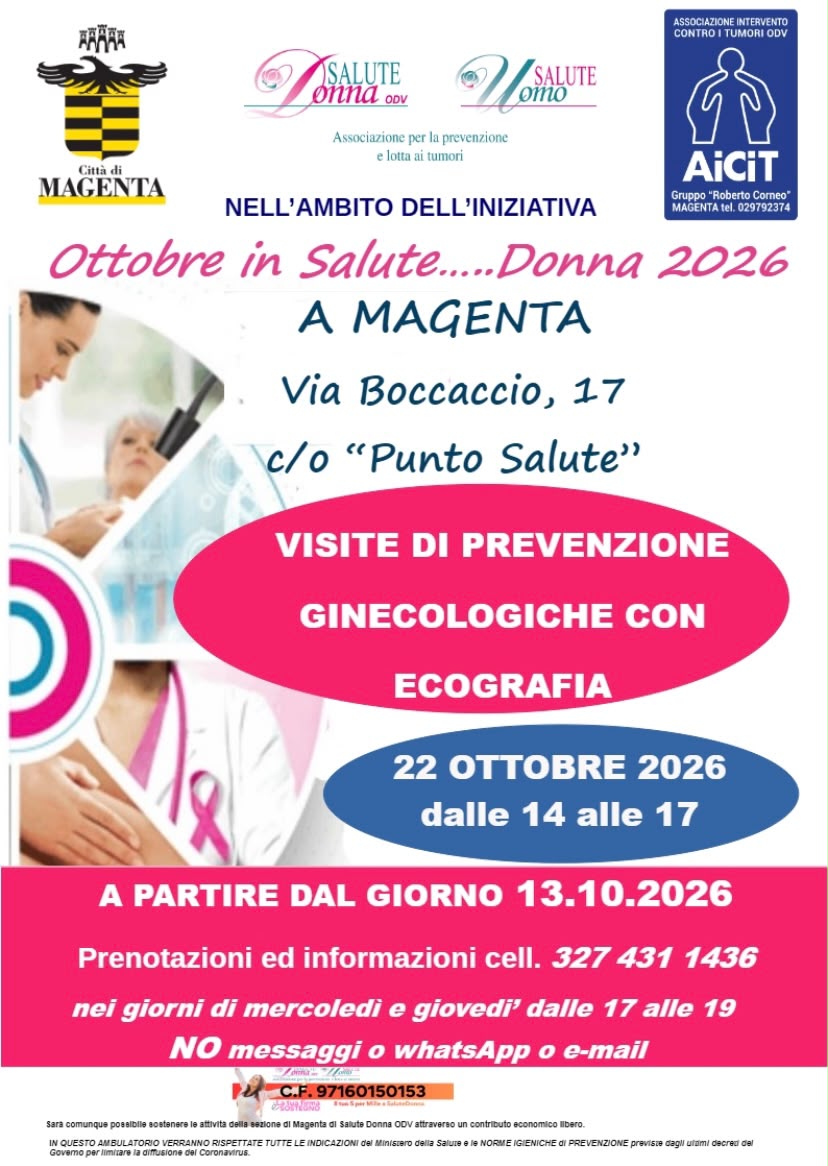 Locandina informativa per visite di prevenzione ginecologiche con ecografia a Magenta, il 22 ottobre 2026 dalle 14:00 alle 17:00 presso Punto Salute, Via Boccaccio 17. Prenotazioni dal 13 ottobre 2026 al numero 327 431 1436.