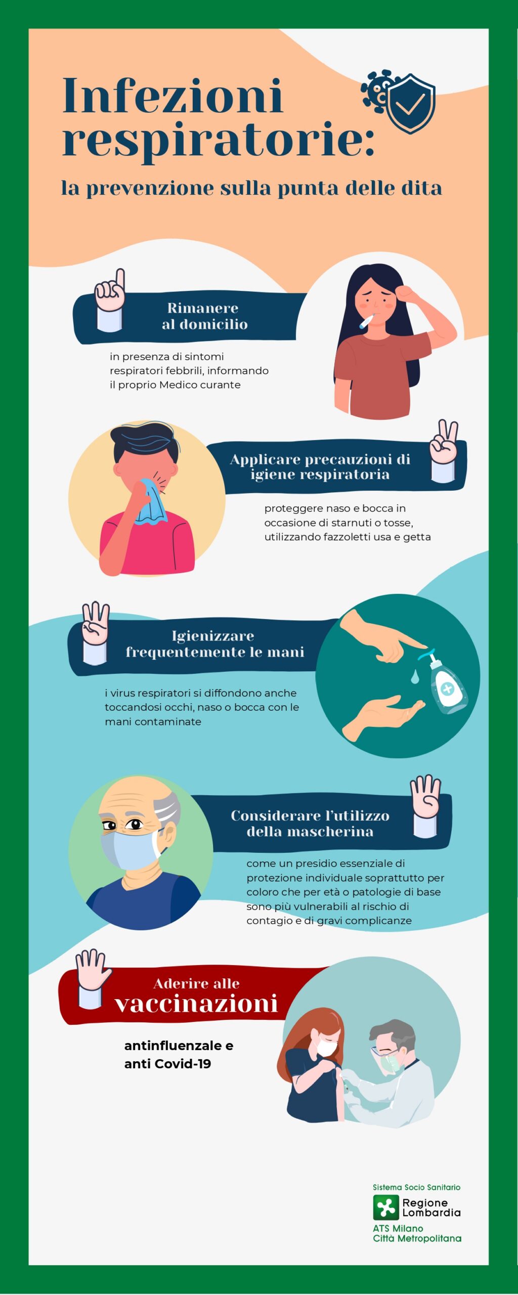 Locandina informativa sulla prevenzione delle infezioni respiratorie con indicazioni su mascherina, igiene delle mani, vaccinazioni e comportamenti utili per ridurre il rischio di contagio.