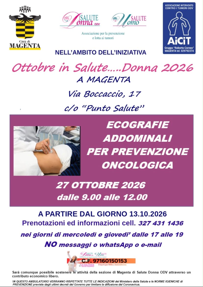 Locandina dell’iniziativa “Ottobre in Salute Donna 2026” a Magenta. Ecografie addominali per la prevenzione oncologica il 27 ottobre 2026, dalle ore 9:00 alle 12:00, presso Punto Salute, Via Boccaccio 17. Prenotazioni dal 13 ottobre 2026 al numero 327 431 1436.
