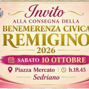 invito benemerenza remigino 2026 sabato 10 ottobre 2026 ore 18,45 in piazza mercato