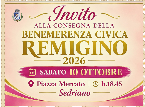 invito benemerenza remigino 2026 sabato 10 ottobre 2026 ore 18,45 in piazza mercato