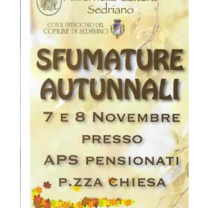 Locandina dell'evento "Sfumature Autunnali", organizzato dall'associazione Amici nella Cultura di Sedriano con il patrocinio del Comune di Sedriano. La manifestazione si terrà il 7 e 8 novembre presso APS Pensionati, in Piazza Chiesa a Sedriano. Sul manifesto sono presenti i loghi dell'associazione organizzatrice e del Comune