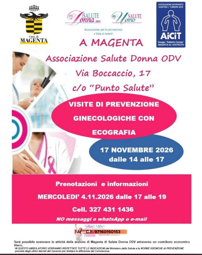 Locandina informativa di Salute Donna ODV Magenta: visite ginecologiche preventive con ecografia il 17 novembre 2026 presso Punto Salute di Magenta, su prenotazione.