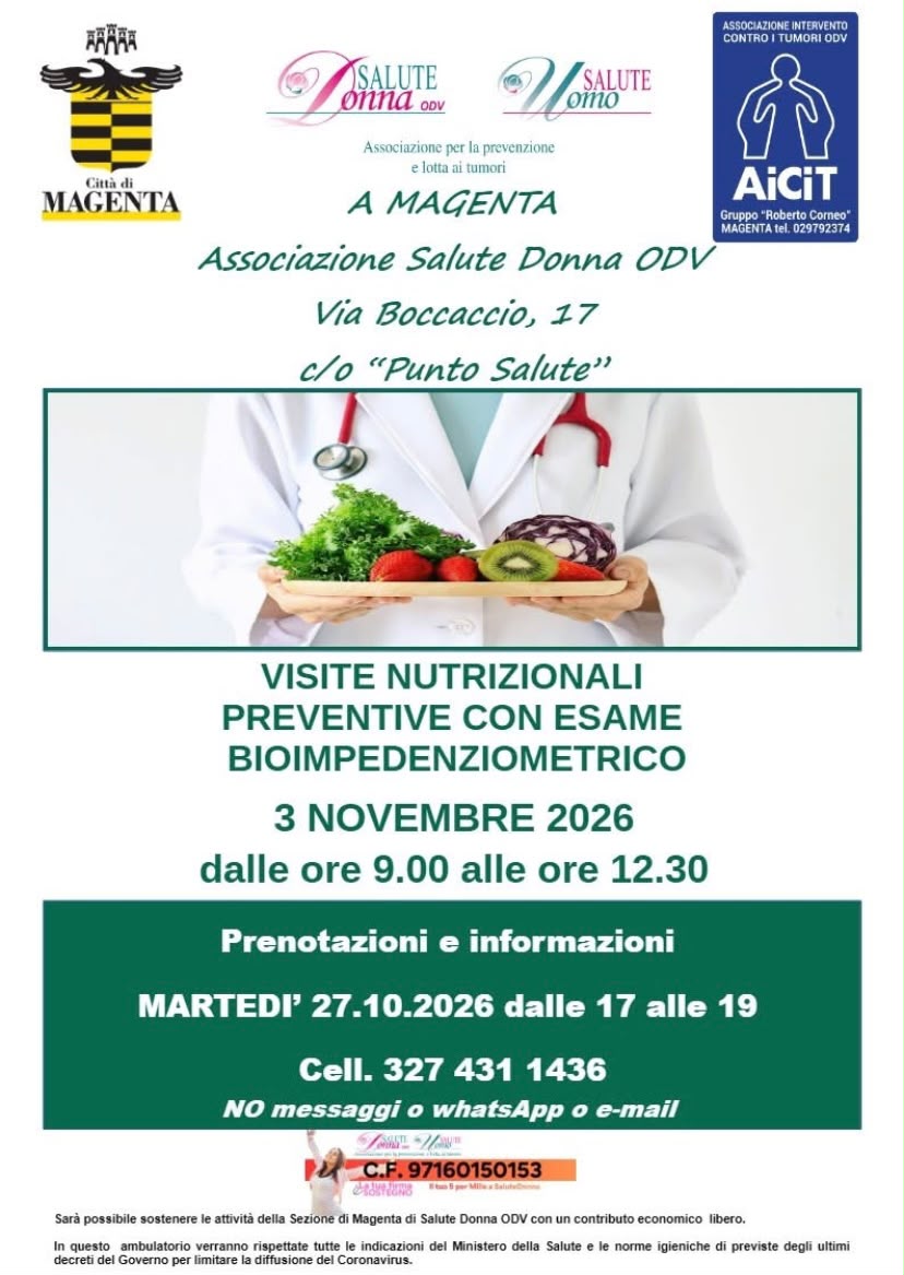 Locandina informativa per visite nutrizionali preventive con esame bioimpedenziometrico a Magenta, presso Associazione Salute Donna ODV, il 3 novembre 2026 su prenotazione.