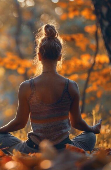 donna che fa yoga in autunno all'aria aperta