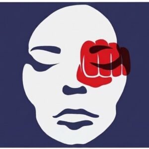 il viso di una donna con l'immagine stilizzata di un pugno rosso sopra l'occhio sinistro
