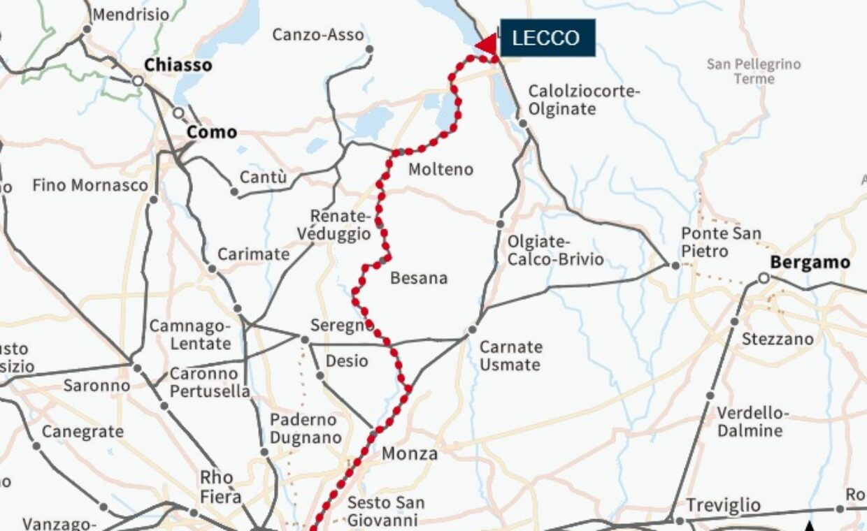Mappa con indicato il percorso della linea ferroviaria S7 Milano-Molteno-Lecco