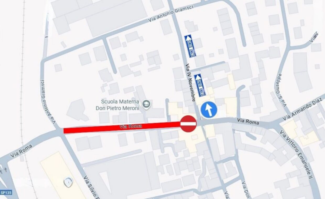 Cartina con le variazioni della viabilità in via Roma per i giorni 10, 11 e 12 novembre