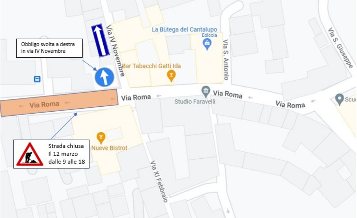 Via Roma chiusa da via IV Novembre il 12 marzo dalle 9 alle 18