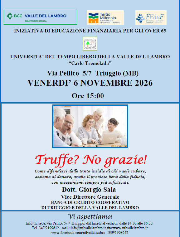 Locandina incontro sulle truffe all'Università tempo libero
