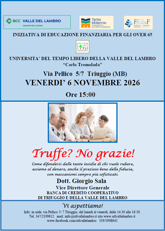 Locandina incontro sulle truffe all'Università tempo libero