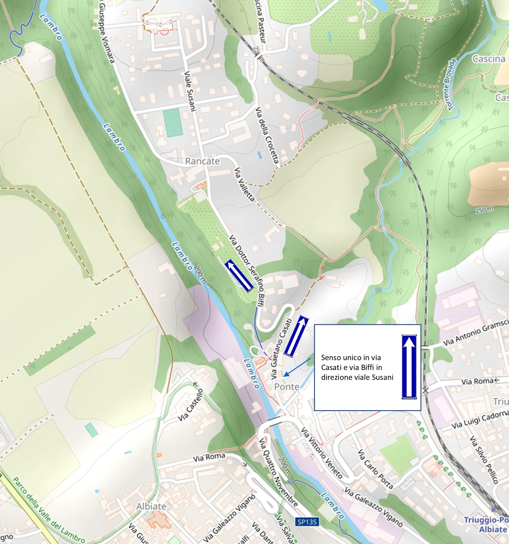 Cambio viabilità a Rancate: mappa con segnate le vie a senso unico