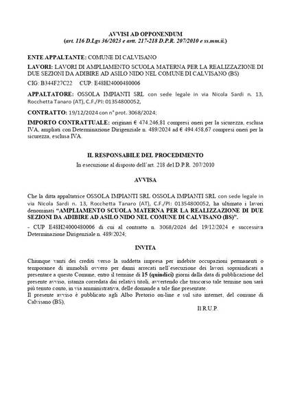 Avviso ad opponendum: ultimazione lavori di ampliamento della scuola materna per nuovo asilo nido