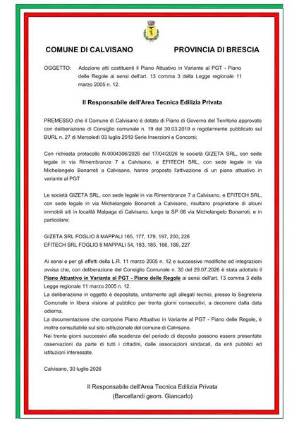 GIZETA SRL VARIANTE AL PIANO DELLE REGOLE PUBBLICAZIONE ADOZIONE
