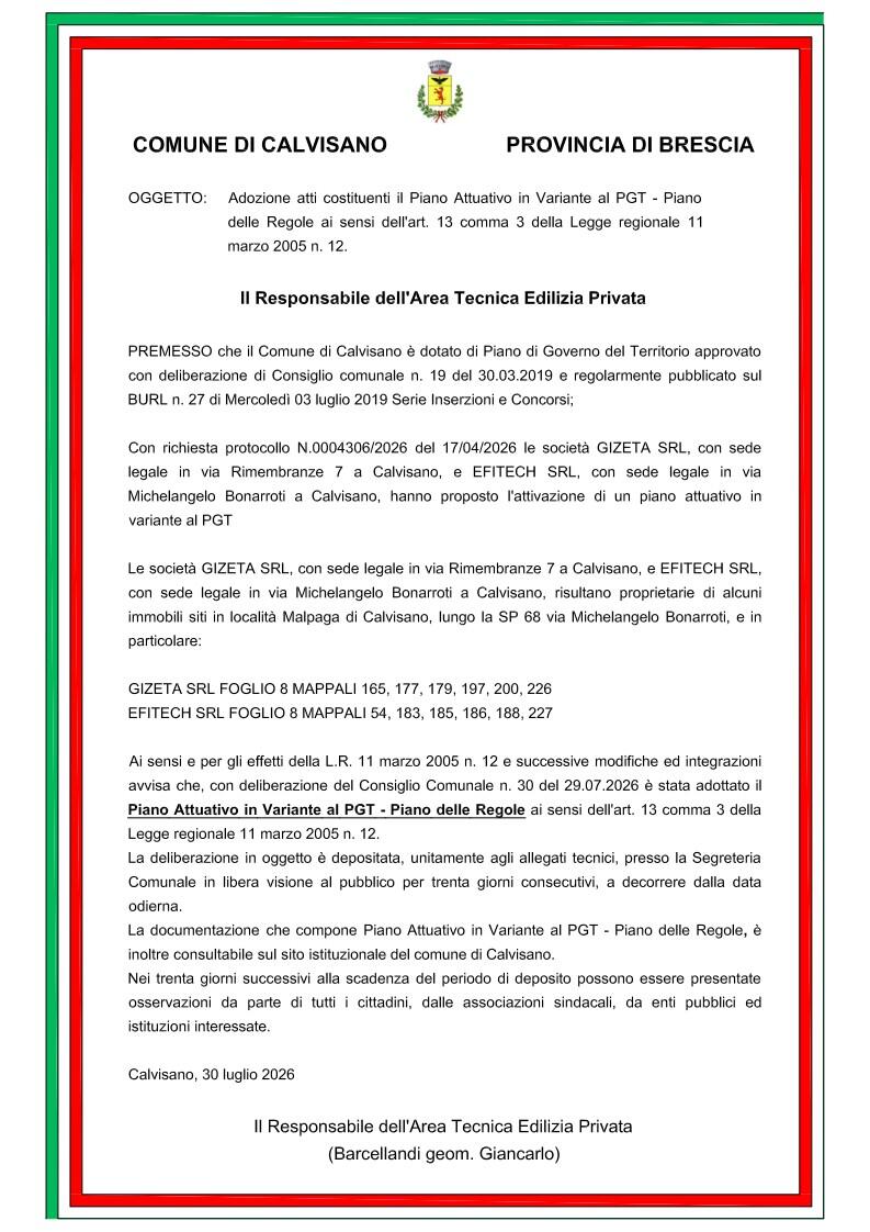 GIZETA SRL VARIANTE AL PIANO DELLE REGOLE PUBBLICAZIONE ADOZIONE