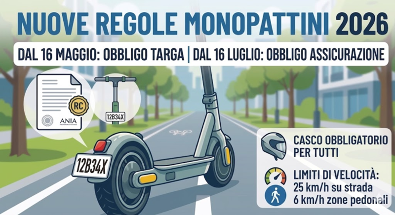 Immagine per le nuove regole sull'utilizzo del monopattino che prevedono targa obbligatoria dal 16 maggio 2026 ed assicurazione RC obbligatoria dal 16 luglio 2026