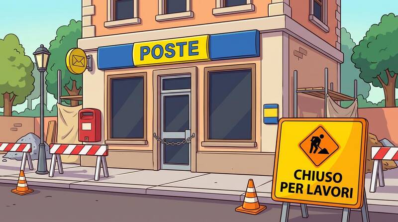Immagine dove si vede un ufficio delle poste chiuso per lavori in stile anime