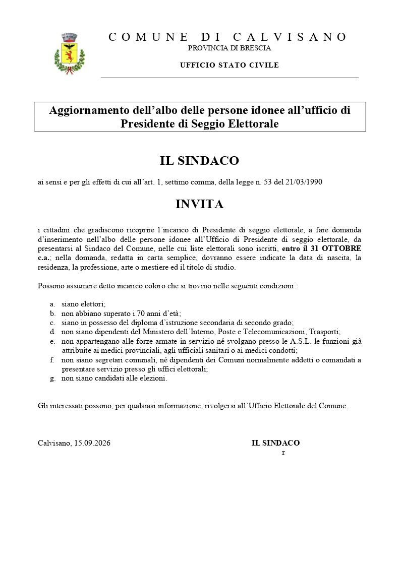 Manifesto rinnovo albo presidenti di seggio 2026