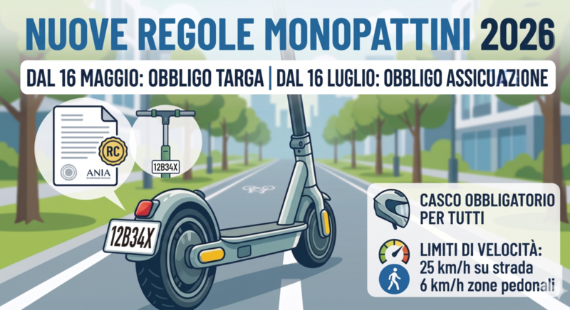 Immagine che illustra le nuove regole per i monopattini in vigore dal 16 maggio 2026 per il targhino e dal 16 luglio 2026 per l'assicurazione RC obbligatoria