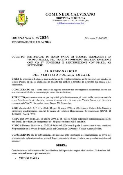  Ordinanza 66/2026 ISTITUZIONE DI SENSO UNICO DI MARCIA PERMANENTE IN VICOLO PIAZZA