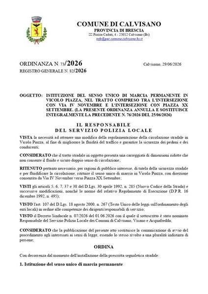 Ordinanza 73-2026 Istituzione del senso unico di marcia permanente in Vicolo Piazza