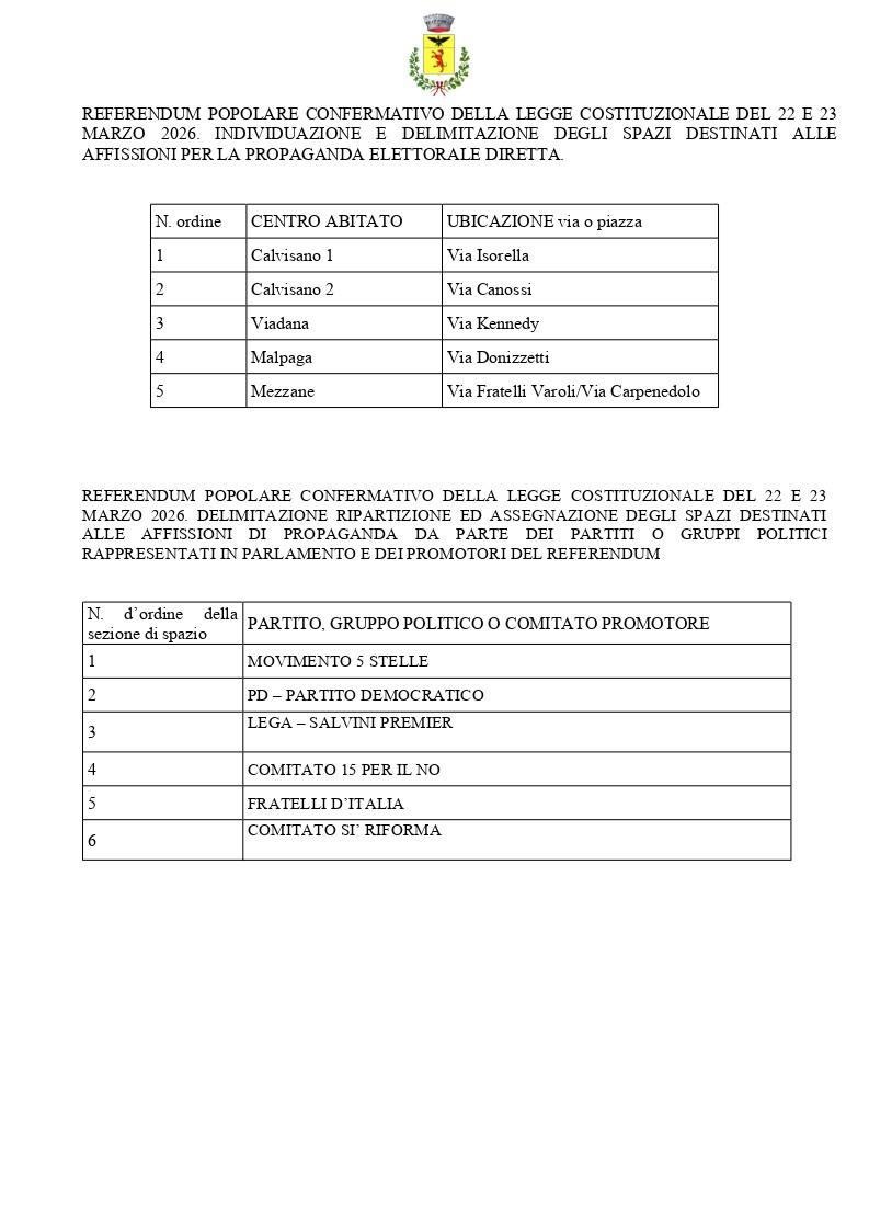 Manifesto con assegnazione spazi affissione per la propaganda elettorale