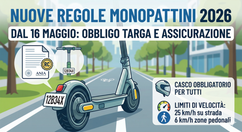 Immagine che mostra un monopattino e descrive le nuove regole che saranno in vigora dal 16 maggio 2026