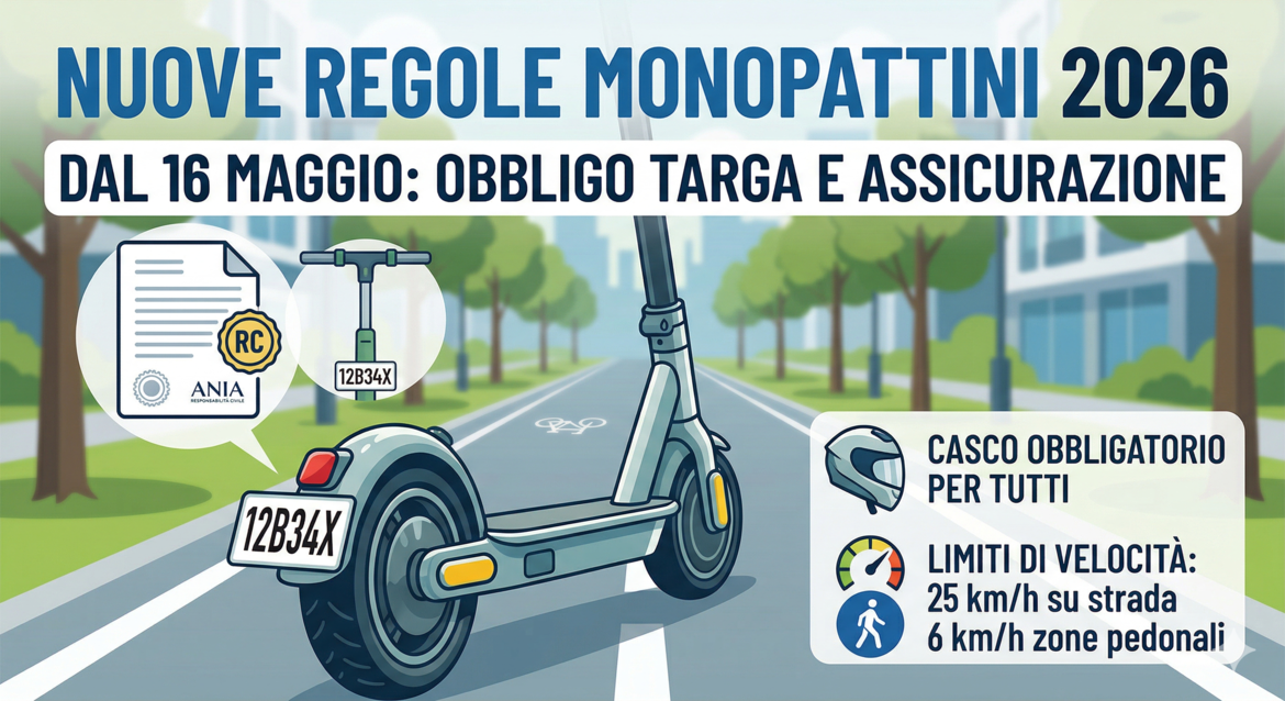 Immagine che mostra un monopattino e descrive le nuove regole che saranno in vigora dal 16 maggio 2026