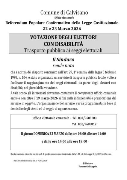 Servizio di trasporto ai seggi per elettori con disabilità – Referendum 2026