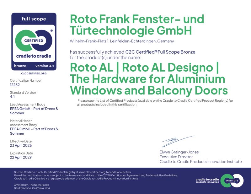 Certificazione Cradle to Cradle® per le gamme Roto AL e Roto AL Designo
