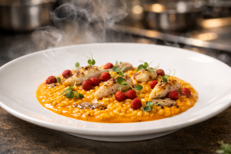 Risotto alla zucca con pesce gatto alla griglia, crema di porcini e fragoline essiccate, affumicato con legno di ciliegio