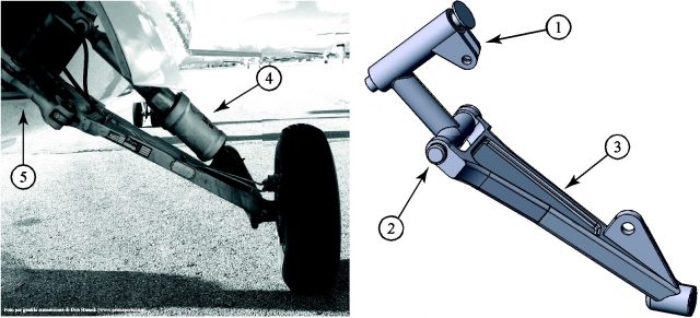 Fig. 1 - Modello in scala 1:5 del carrello principale di atterraggio del Piaggio P180. Il componente è costituito da supporto principale (1), cerniera (2), braccetto (3), ammortizzatore (4) e attuatore (5). Ingombro massimo di 70 × 210 × 70 mmc